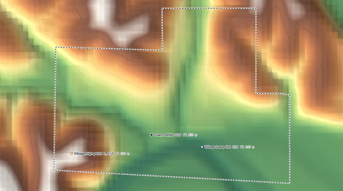 Topographic elevation map of Ginger Blue, Missouri, shaded from 810 ft on the east side to 1,050 ft on the west side