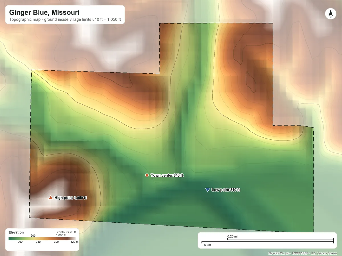 Topographic elevation map of Ginger Blue, Missouri, shaded from 810 ft on the east side to 1,050 ft on the west side