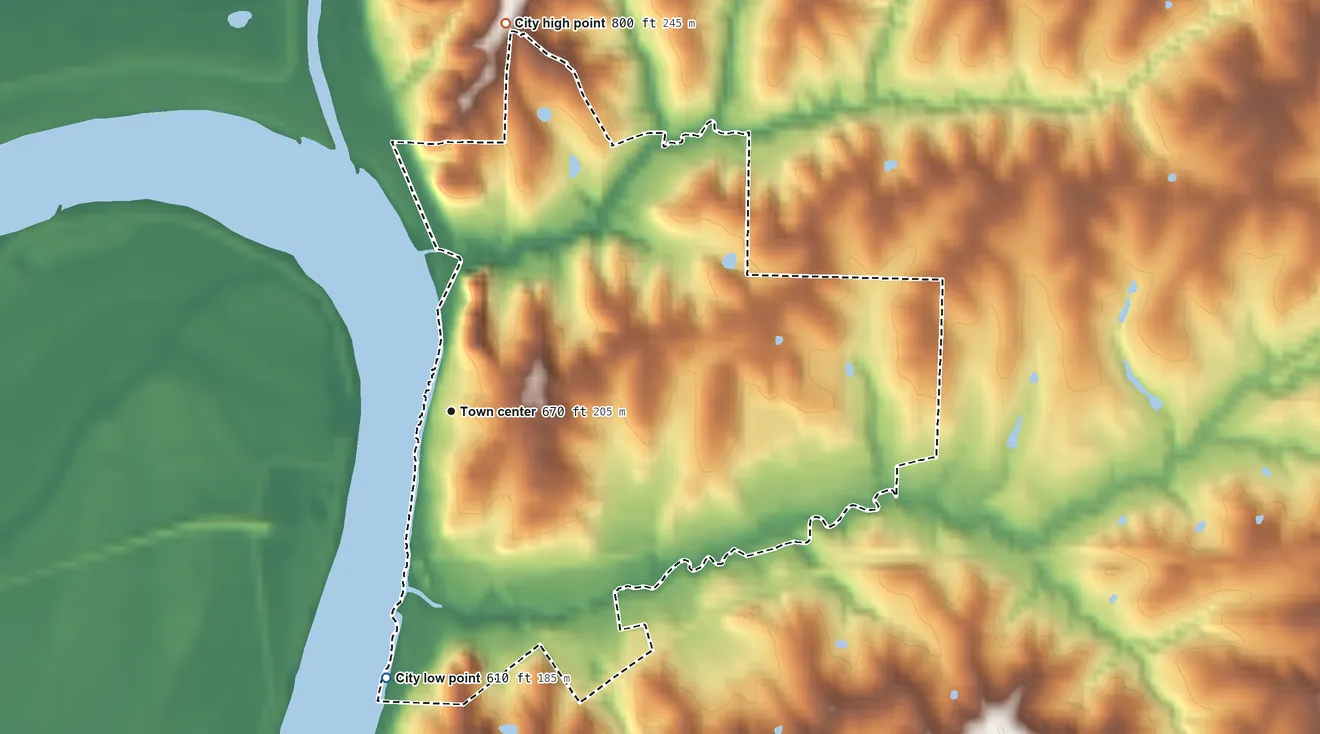 Topographic elevation map of Glasgow, Missouri, shaded from 610 ft on the south side to 800 ft on the north side