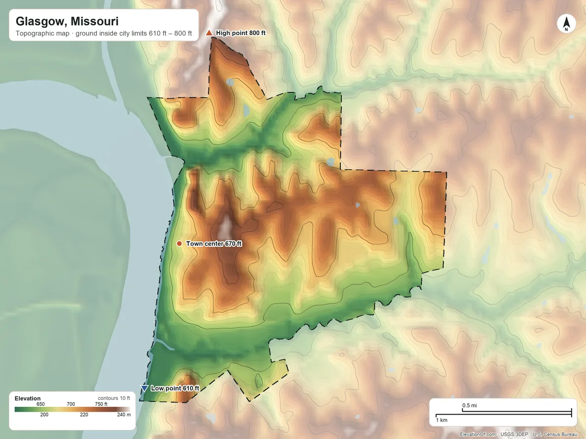 Topographic elevation map of Glasgow, Missouri, shaded from 610 ft on the south side to 800 ft on the north side