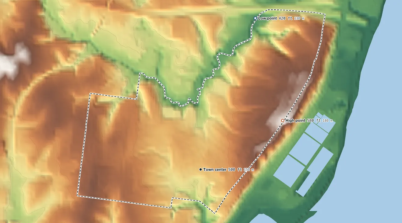 Topographic elevation map of Glasgow Village, Missouri, shaded from 420 ft on the north side to 580 ft on the northeast side