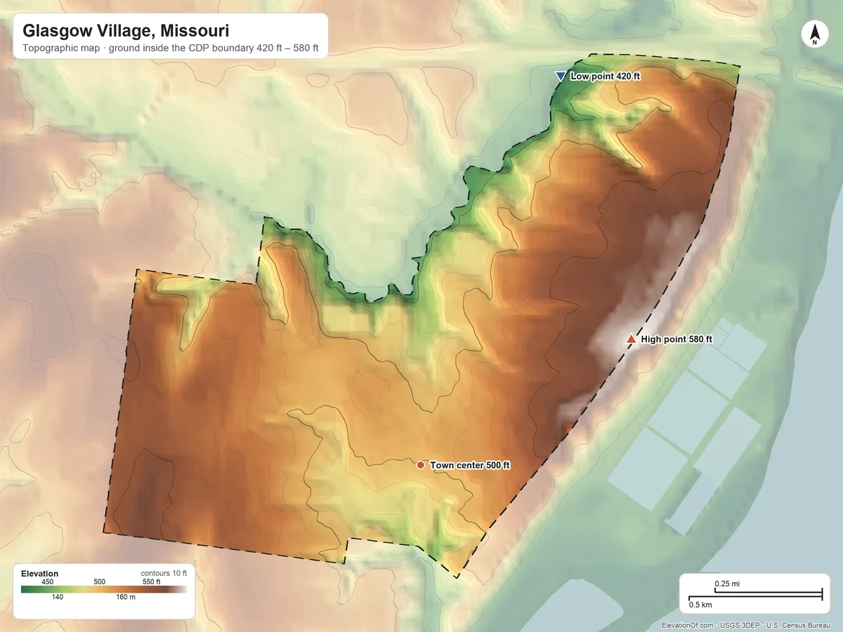 Topographic elevation map of Glasgow Village, Missouri, shaded from 420 ft on the north side to 580 ft on the northeast side