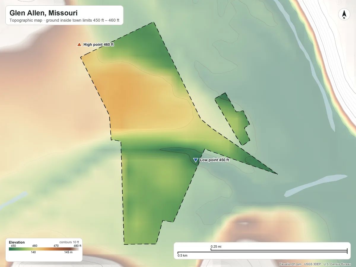 Topographic elevation map of Glen Allen, Missouri, shaded from 450 ft near the middle to 460 ft on the northwest side
