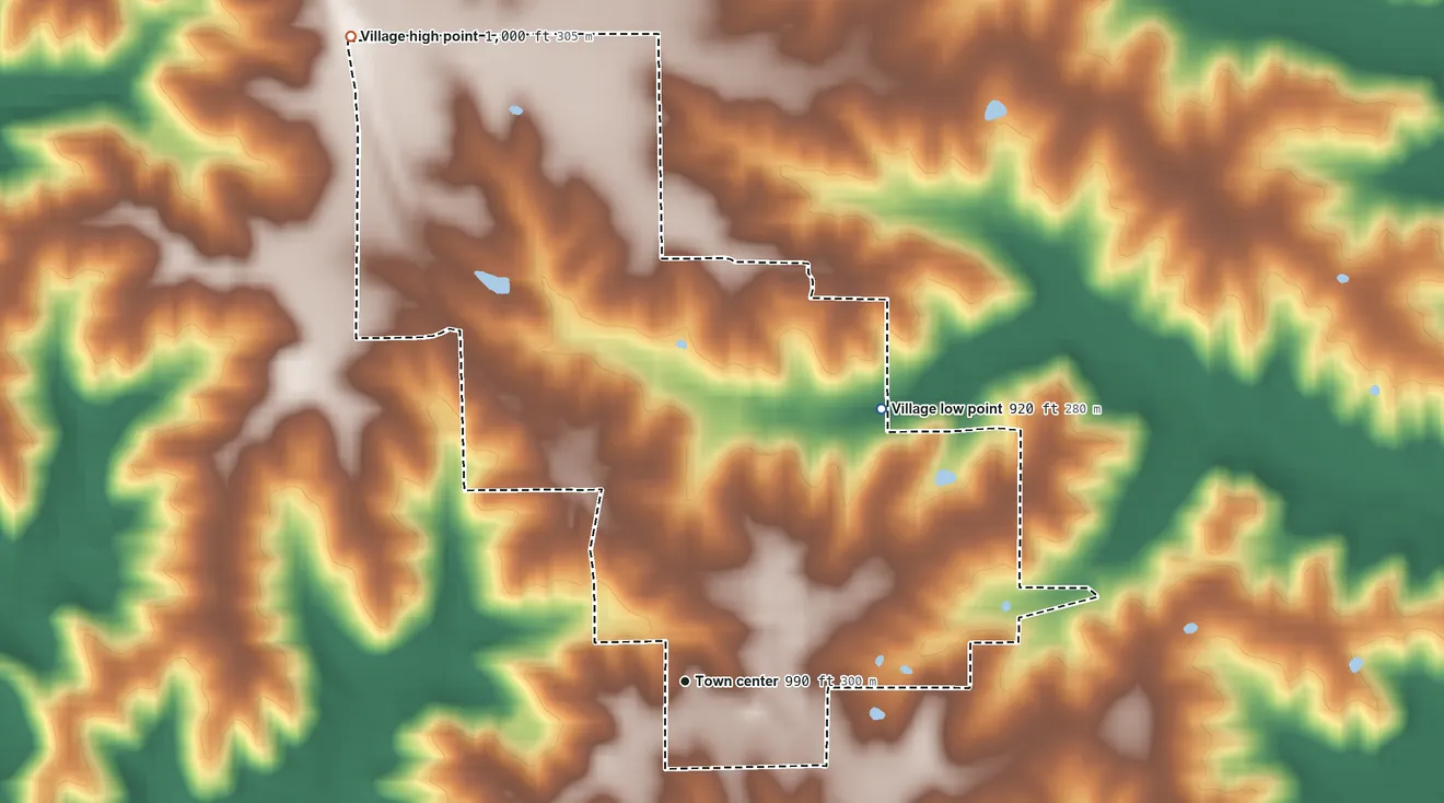 Topographic elevation map of Glenwood, Missouri, shaded from 920 ft on the northeast side to 1,000 ft on the northwest side