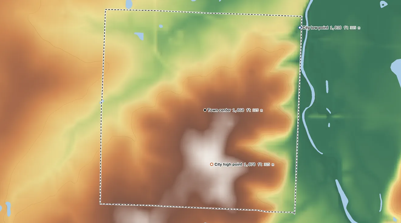 Topographic elevation map of Golden City, Missouri, shaded from 1,010 ft on the northeast side to 1,070 ft on the south side
