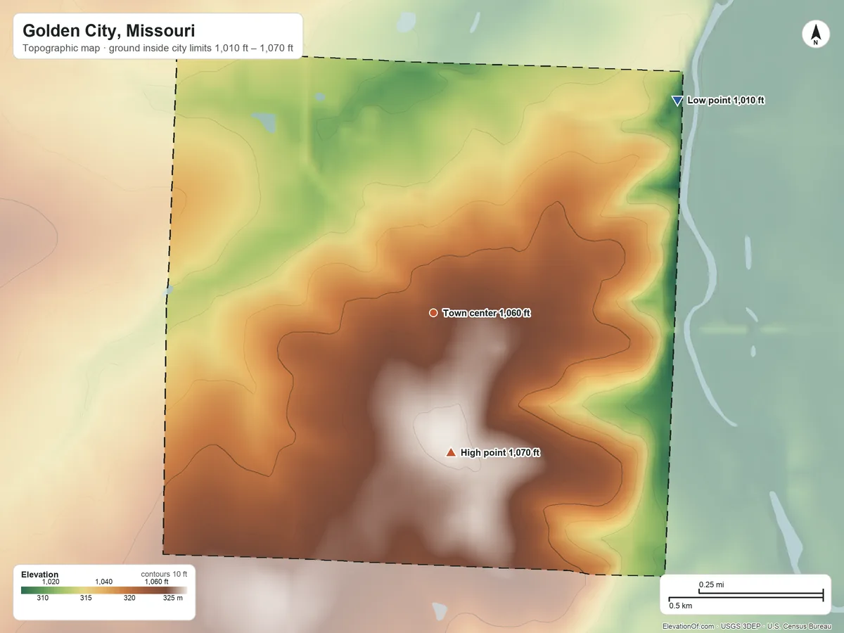 Topographic elevation map of Golden City, Missouri, shaded from 1,010 ft on the northeast side to 1,070 ft on the south side
