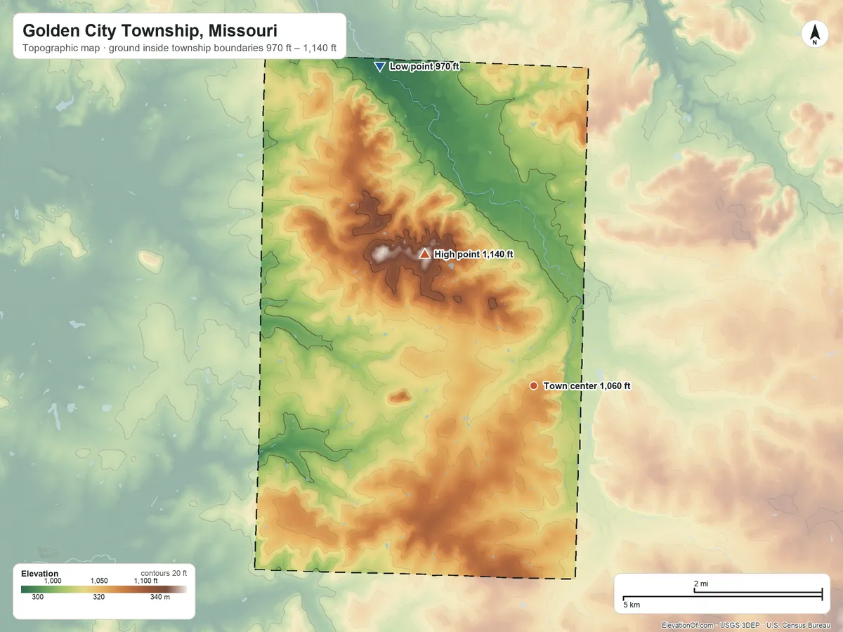 Topographic elevation map of Golden City Township, Missouri, shaded from 970 ft on the northwest side to 1,140 ft on the northwest side