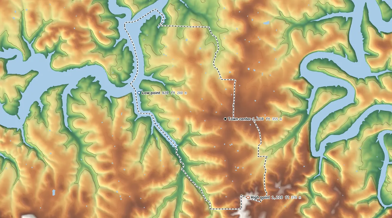Topographic elevation map of Golden, Missouri, shaded from 920 ft on the west side to 1,210 ft on the south side