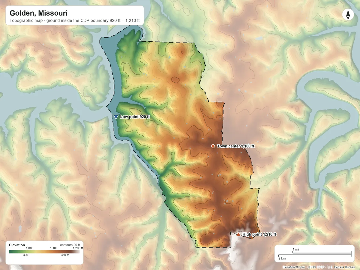 Topographic elevation map of Golden, Missouri, shaded from 920 ft on the west side to 1,210 ft on the south side