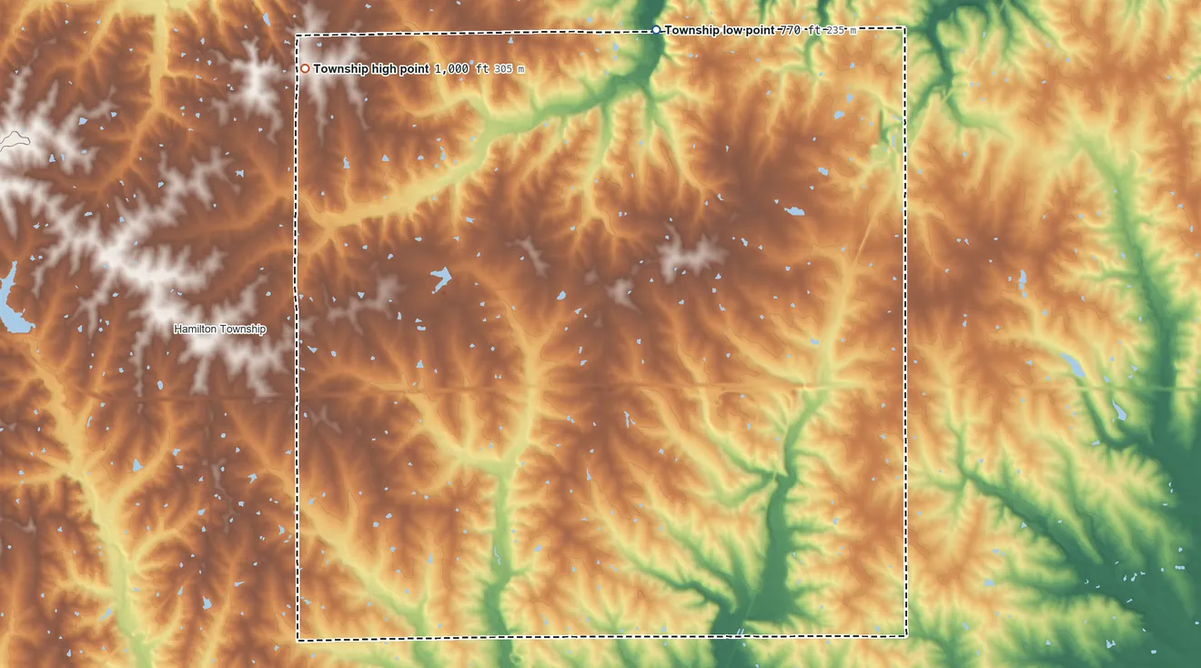 Topographic elevation map of Gomer Township, Missouri, shaded from 770 ft on the north side to 1,000 ft on the northwest side