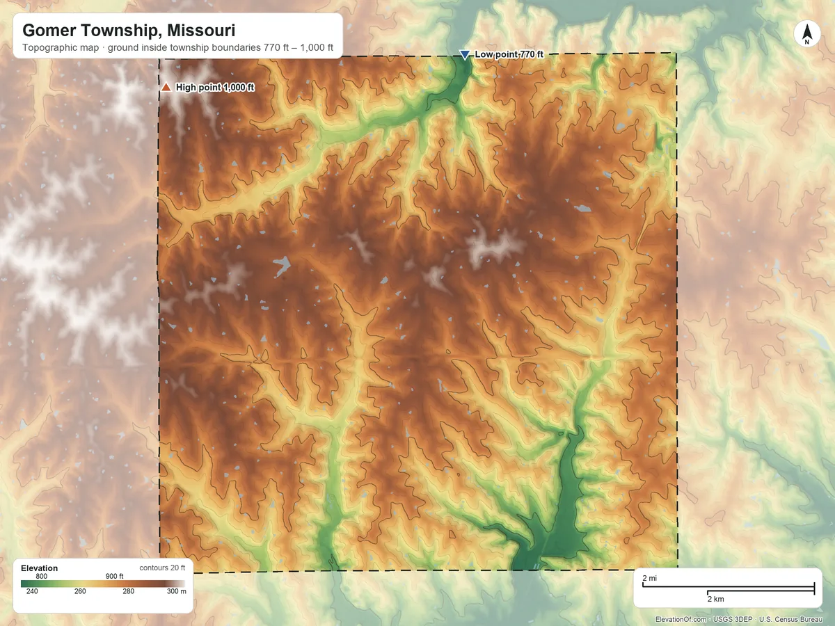 Topographic elevation map of Gomer Township, Missouri, shaded from 770 ft on the north side to 1,000 ft on the northwest side
