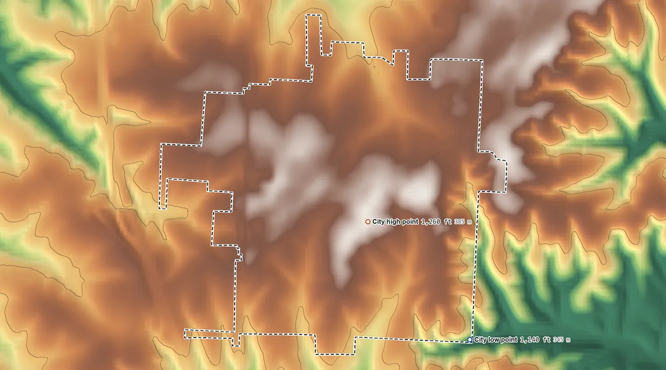 Topographic elevation map of Goodman, Missouri, shaded from 1,140 ft on the southeast side to 1,260 ft near the middle