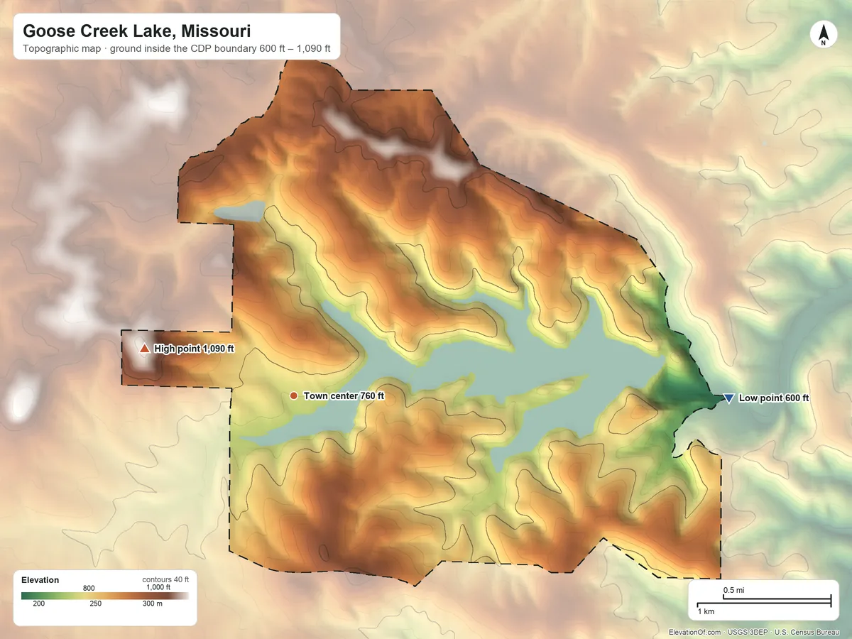 Topographic elevation map of Goose Creek Lake, Missouri, shaded from 600 ft on the east side to 1,090 ft on the west side