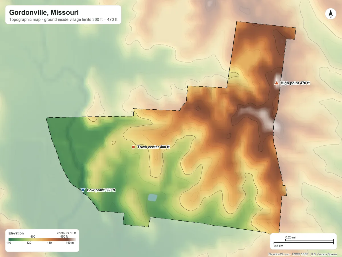 Topographic elevation map of Gordonville, Missouri, shaded from 360 ft on the southwest side to 470 ft on the northeast side