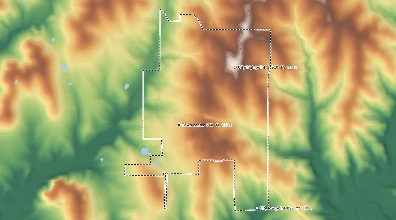 Topographic elevation map of Gower, Missouri, shaded from 890 ft on the southeast side to 1,010 ft on the northeast side