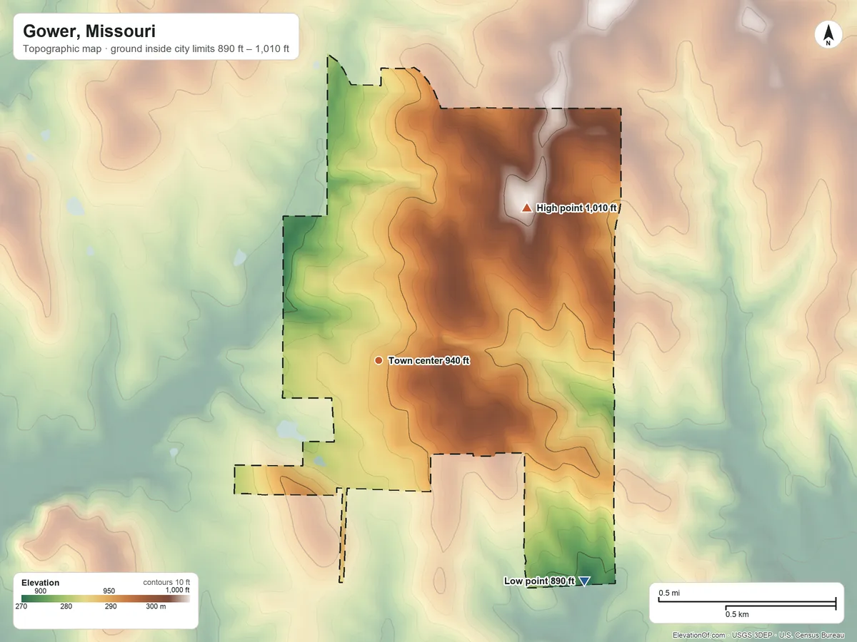 Topographic elevation map of Gower, Missouri, shaded from 890 ft on the southeast side to 1,010 ft on the northeast side