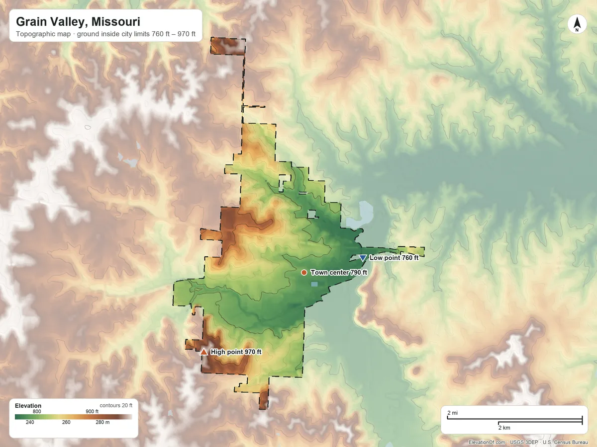 Topographic elevation map of Grain Valley, Missouri, shaded from 760 ft on the east side to 970 ft on the southwest side