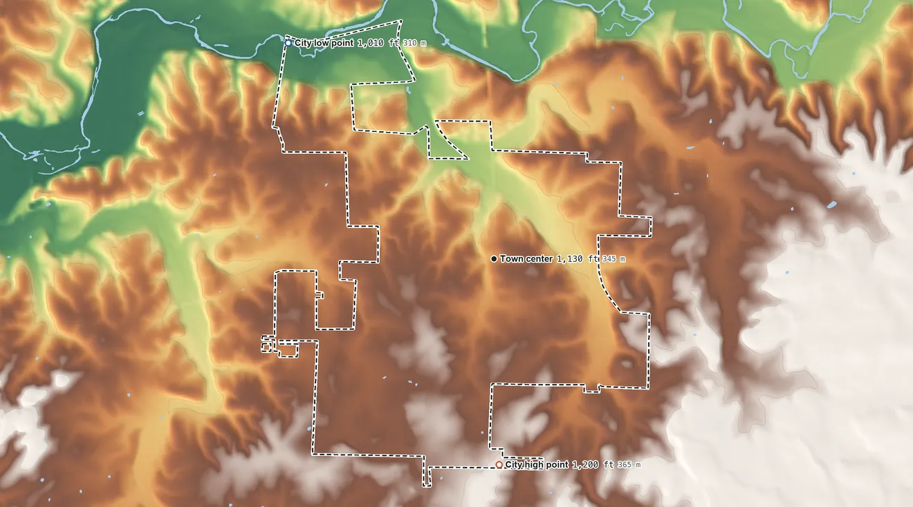 Topographic elevation map of Granby, Missouri, shaded from 1,010 ft on the northwest side to 1,200 ft on the south side