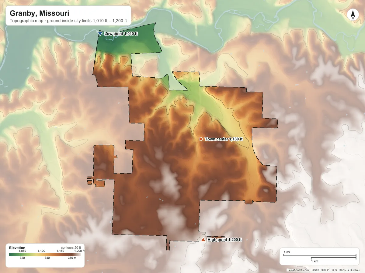 Topographic elevation map of Granby, Missouri, shaded from 1,010 ft on the northwest side to 1,200 ft on the south side