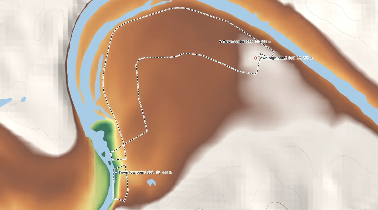 Topographic elevation map of Grand Falls Plaza, Missouri, shaded from 860 ft on the southwest side to 900 ft on the southeast side