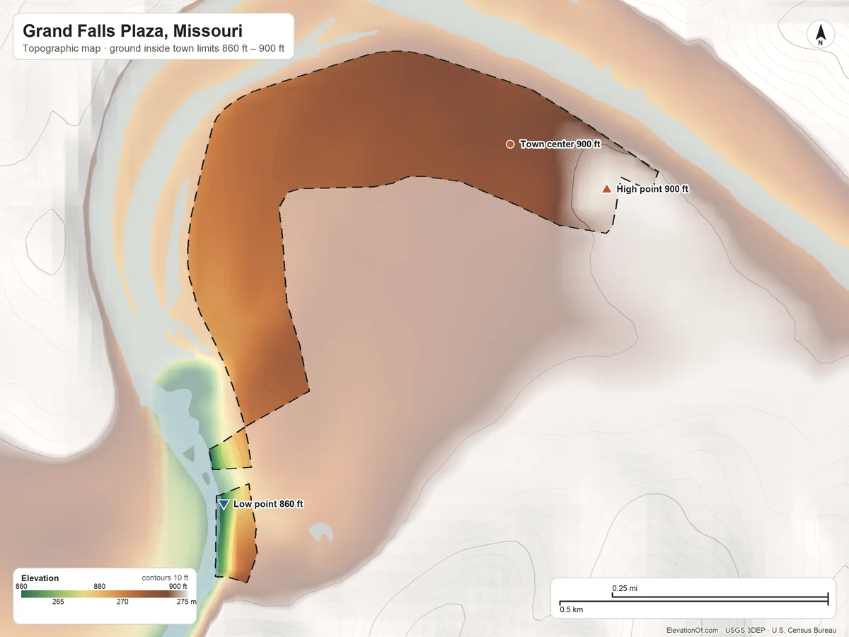 Topographic elevation map of Grand Falls Plaza, Missouri, shaded from 860 ft on the southwest side to 900 ft on the southeast side