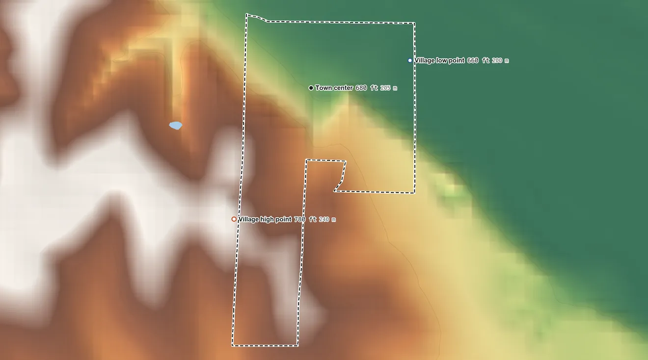 Topographic elevation map of Grand Pass, Missouri, shaded from 660 ft on the east side to 780 ft on the southwest side