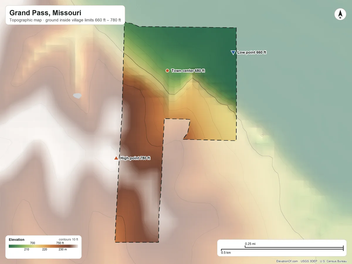 Topographic elevation map of Grand Pass, Missouri, shaded from 660 ft on the east side to 780 ft on the southwest side