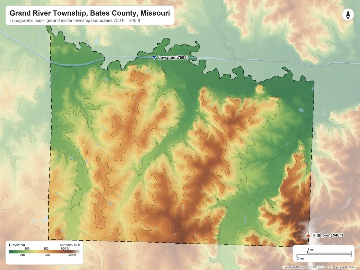Topographic elevation map of Grand River Township, Bates County, Missouri, shaded from 750 ft on the northwest side to 940 ft on the southeast side