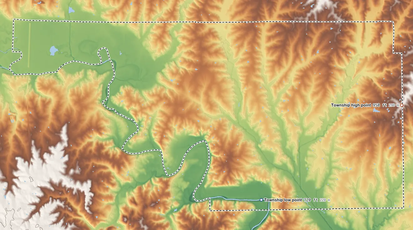 Topographic elevation map of Grand River Township, Daviess County, Missouri, shaded from 720 ft on the south side to 950 ft on the east side