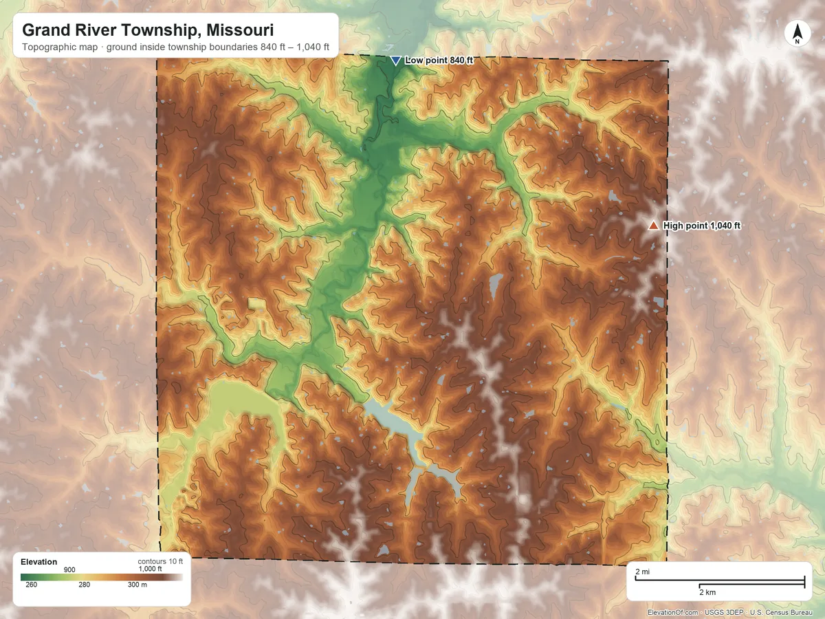 Topographic elevation map of Grand River Township, Missouri, shaded from 840 ft on the north side to 1,040 ft on the northeast side