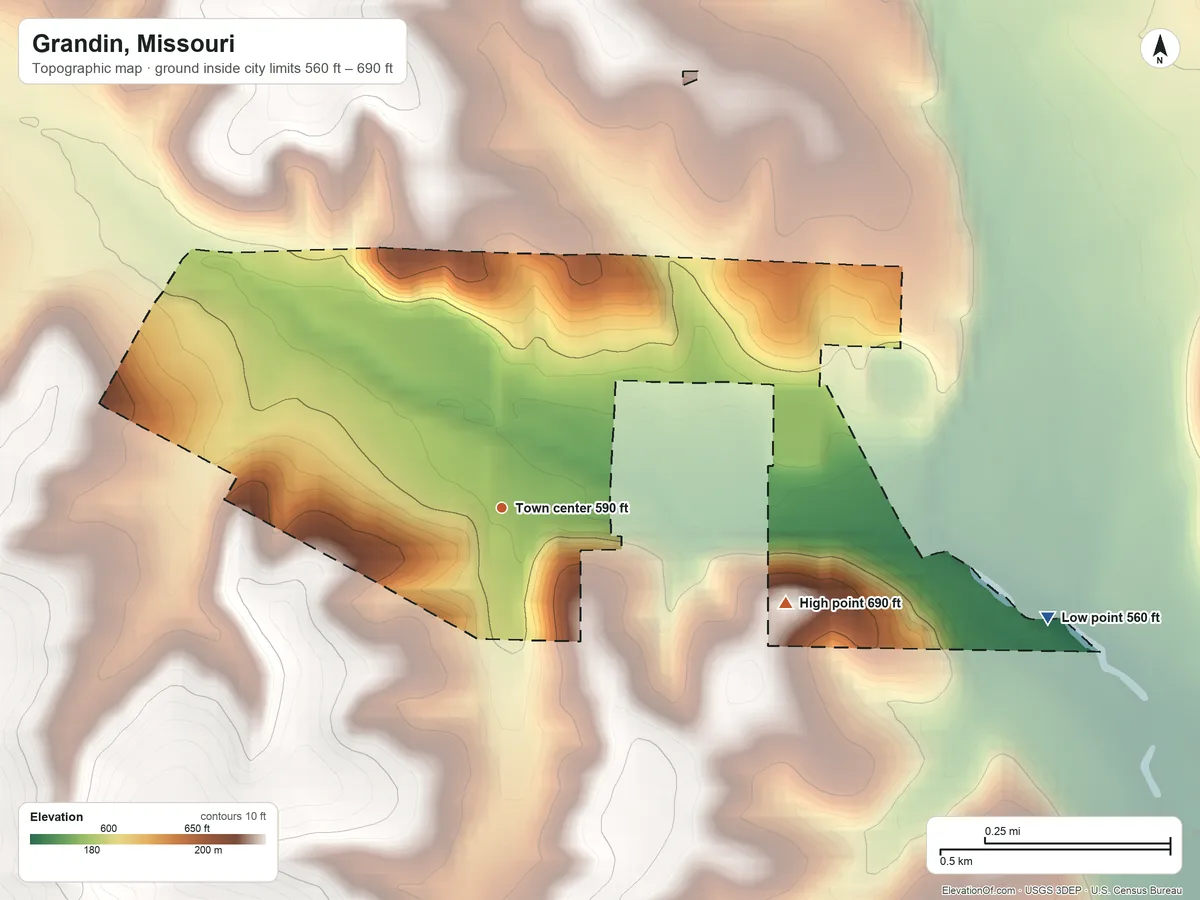 Topographic elevation map of Grandin, Missouri, shaded from 560 ft on the east side to 690 ft on the east side