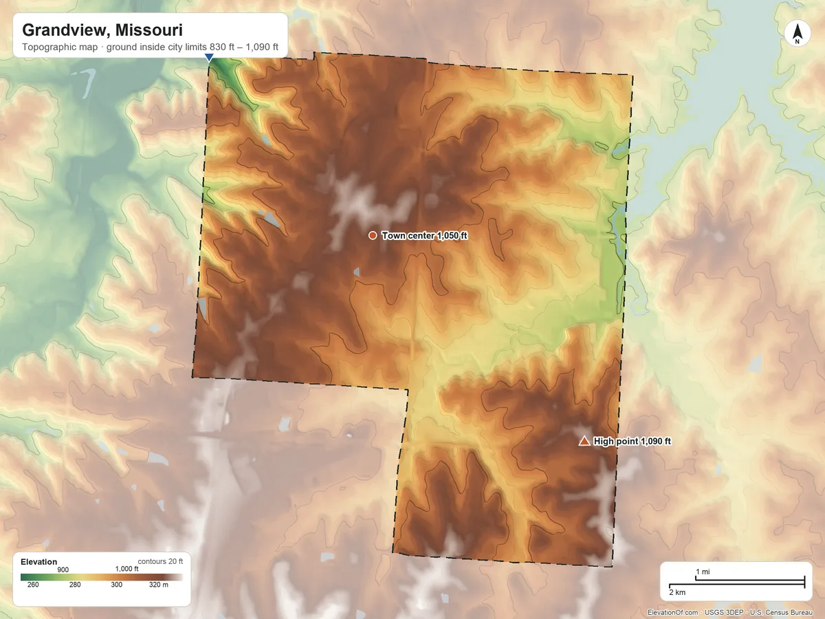 Topographic elevation map of Grandview, Missouri, shaded from 830 ft on the northwest side to 1,090 ft on the southeast side
