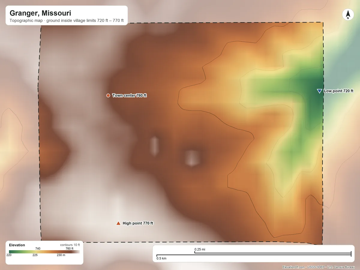 Topographic elevation map of Granger, Missouri, shaded from 720 ft on the east side to 770 ft on the south side