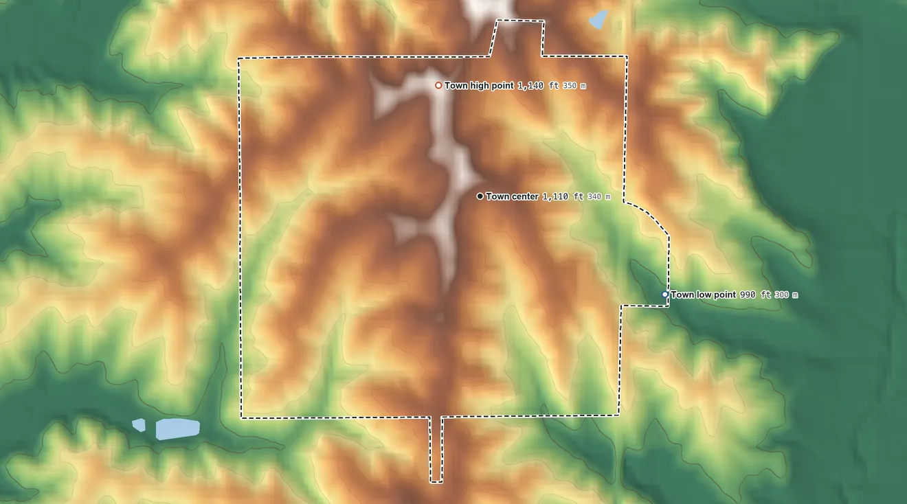 Topographic elevation map of Grant City, Missouri, shaded from 990 ft on the southeast side to 1,140 ft on the north side