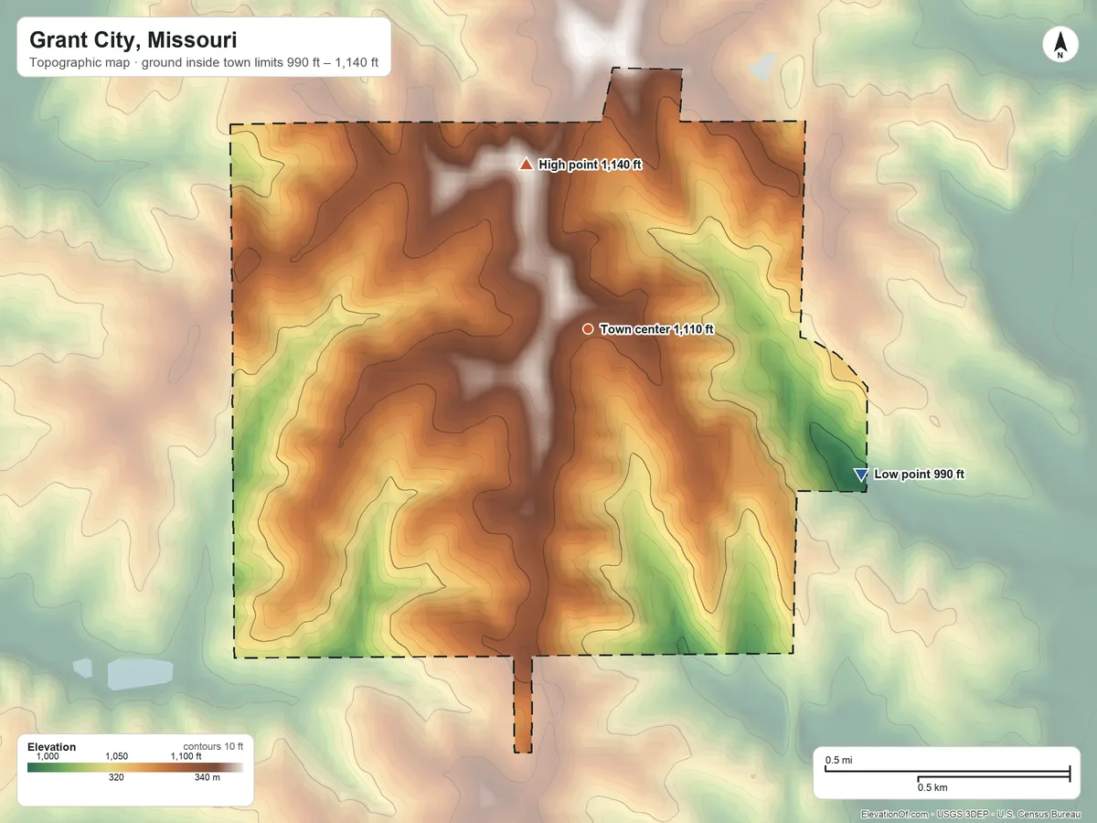 Topographic elevation map of Grant City, Missouri, shaded from 990 ft on the southeast side to 1,140 ft on the north side