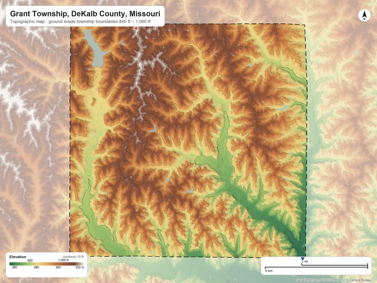 Topographic elevation map of Grant Township, DeKalb County, Missouri, shaded from 840 ft on the southeast side to 1,060 ft on the northwest side