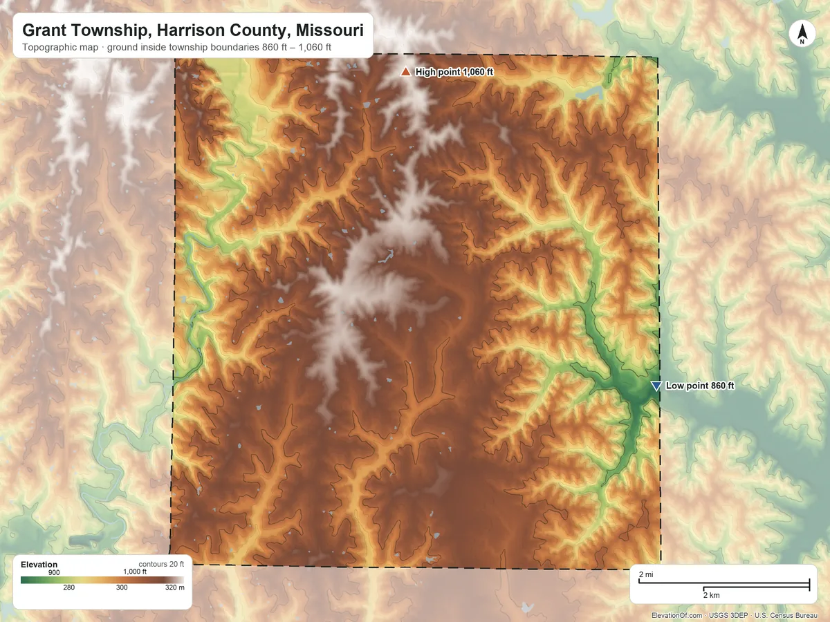Topographic elevation map of Grant Township, Harrison County, Missouri, shaded from 860 ft on the southeast side to 1,060 ft near the middle