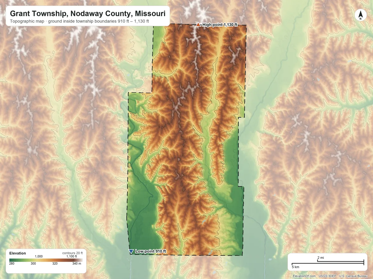 Topographic elevation map of Grant Township, Nodaway County, Missouri, shaded from 910 ft on the southwest side to 1,130 ft on the north side