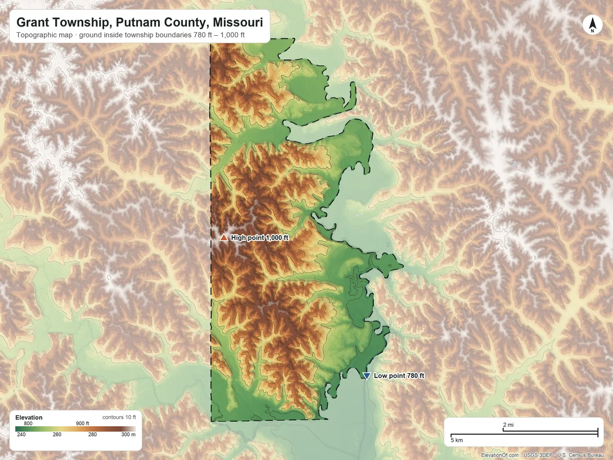 Topographic elevation map of Grant Township, Putnam County, Missouri, shaded from 780 ft on the southeast side to 1,000 ft on the northwest side