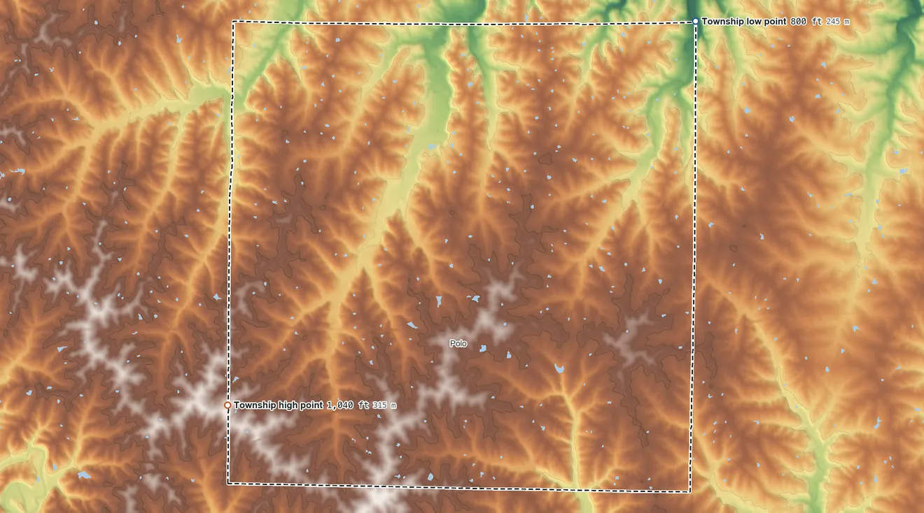Topographic elevation map of Grant Township, Missouri, shaded from 800 ft on the northeast side to 1,040 ft on the west side