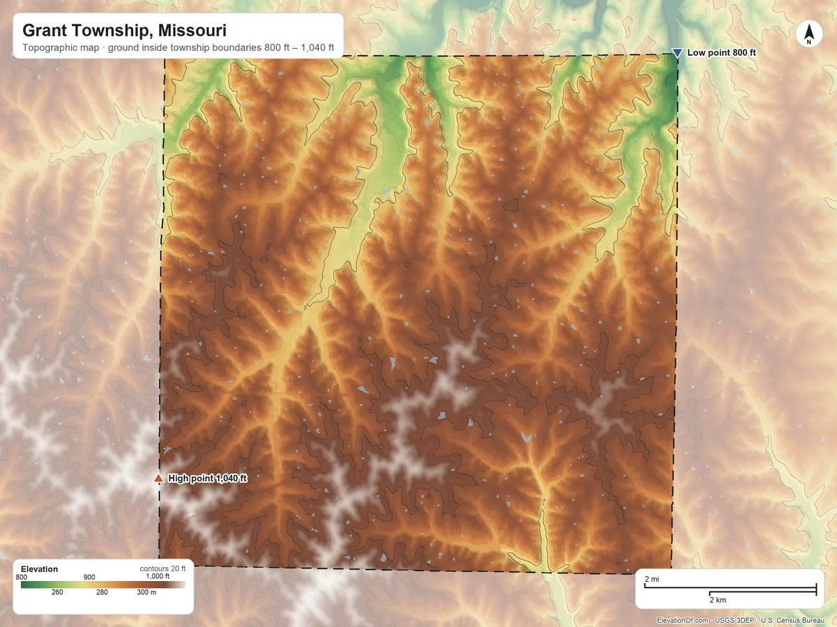 Topographic elevation map of Grant Township, Missouri, shaded from 800 ft on the northeast side to 1,040 ft on the west side