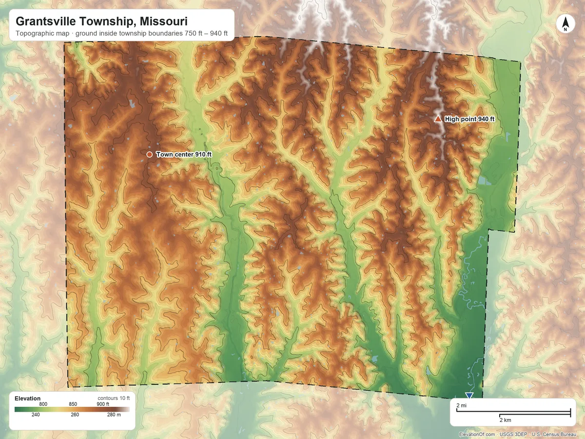 Topographic elevation map of Grantsville Township, Missouri, shaded from 750 ft on the southeast side to 940 ft on the east side