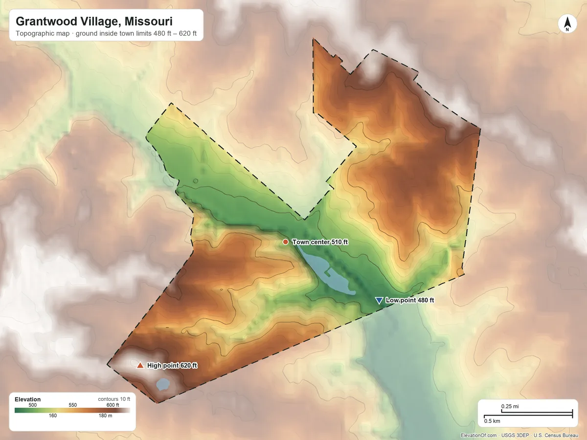 Topographic elevation map of Grantwood Village, Missouri, shaded from 480 ft on the southeast side to 620 ft on the southwest side