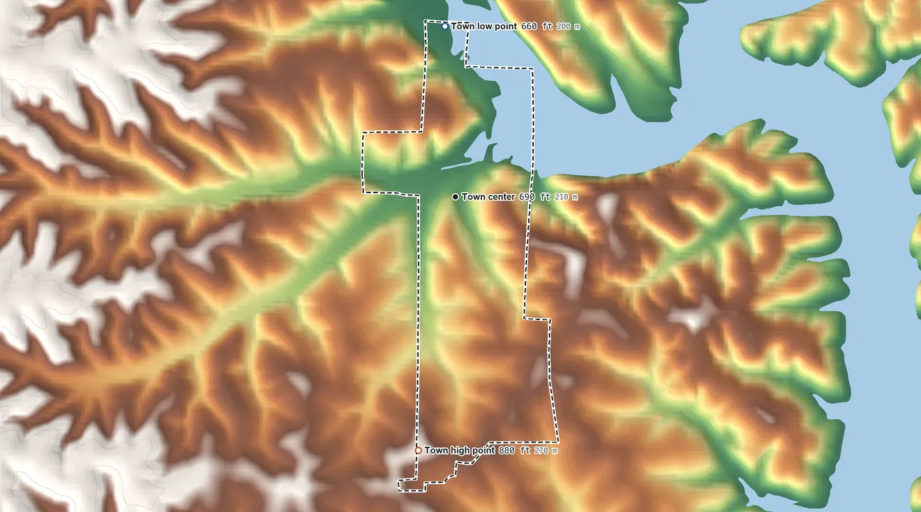 Topographic elevation map of Gravois Mills, Missouri, shaded from 660 ft on the north side to 880 ft on the south side
