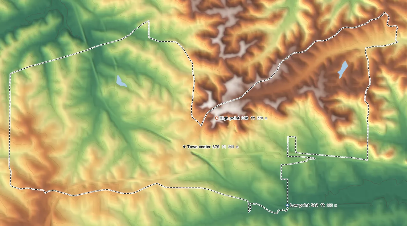 Topographic elevation map of Gray Summit, Missouri, shaded from 510 ft on the southeast side to 880 ft near the middle