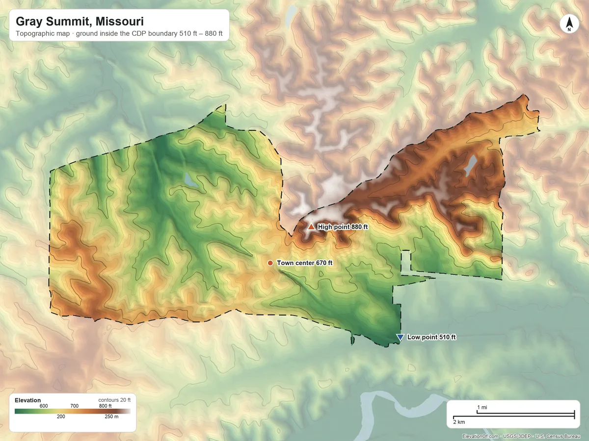 Topographic elevation map of Gray Summit, Missouri, shaded from 510 ft on the southeast side to 880 ft near the middle