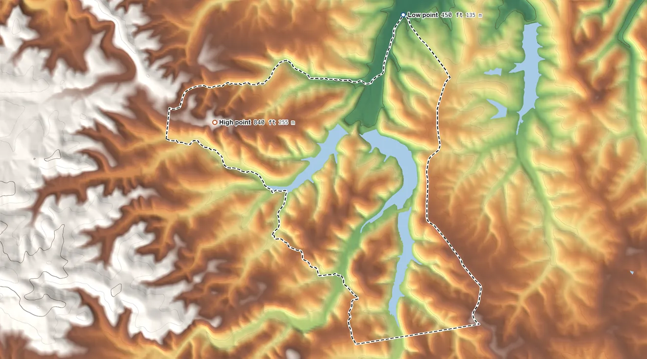 Topographic elevation map of Grayhawk, Missouri, shaded from 450 ft on the northeast side to 840 ft on the west side