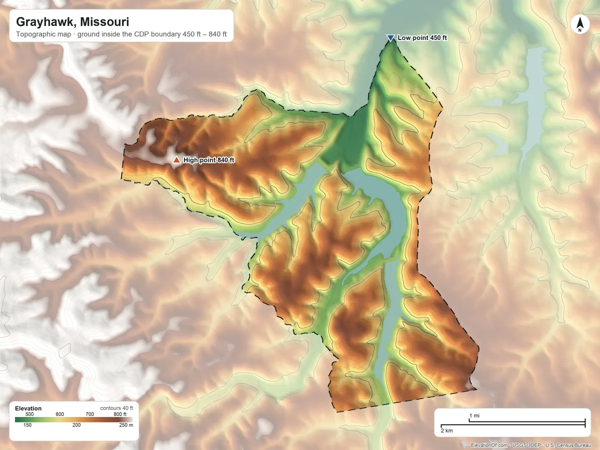 Topographic elevation map of Grayhawk, Missouri, shaded from 450 ft on the northeast side to 840 ft on the west side
