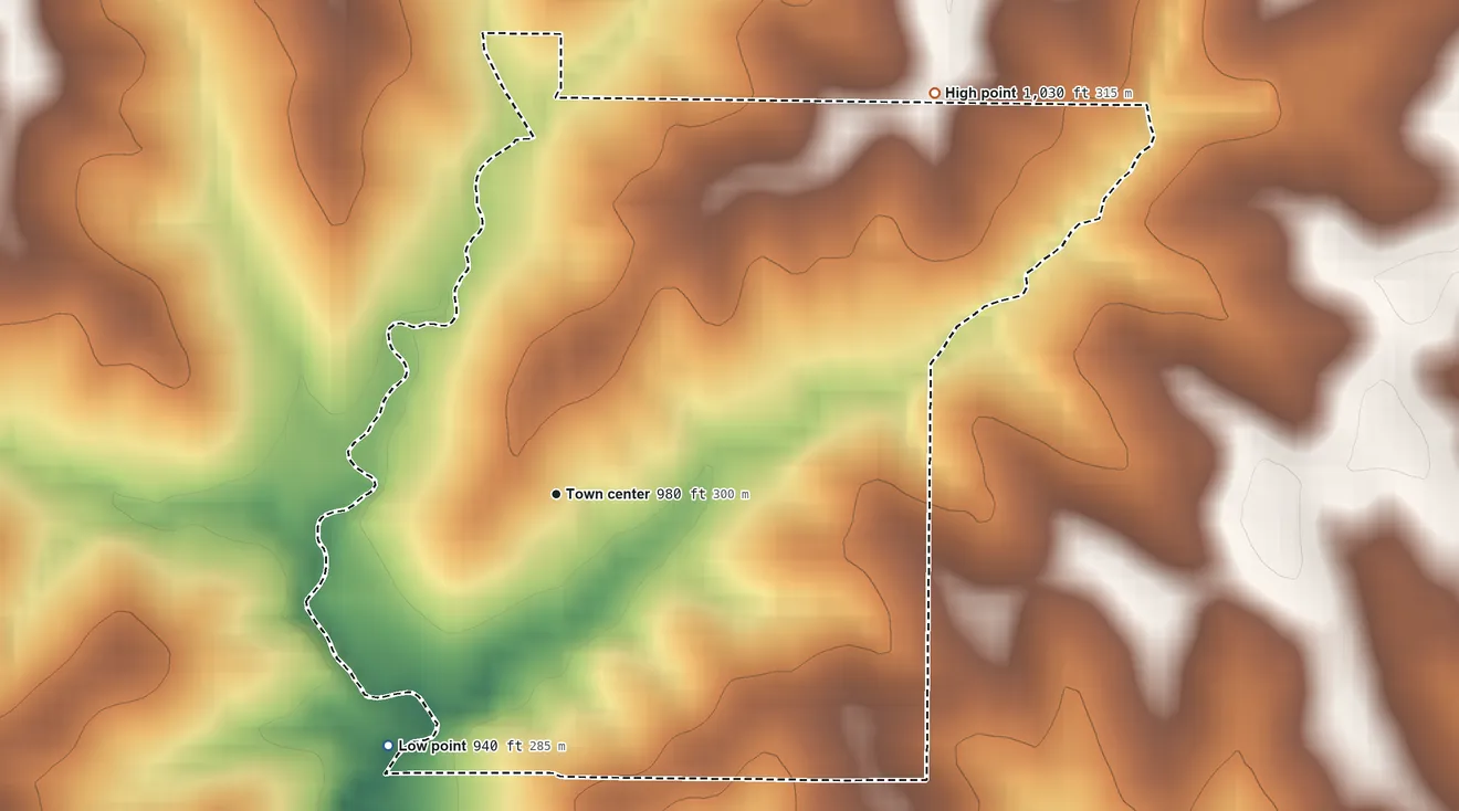 Topographic elevation map of Grayson, Missouri, shaded from 940 ft on the southwest side to 1,030 ft on the northeast side