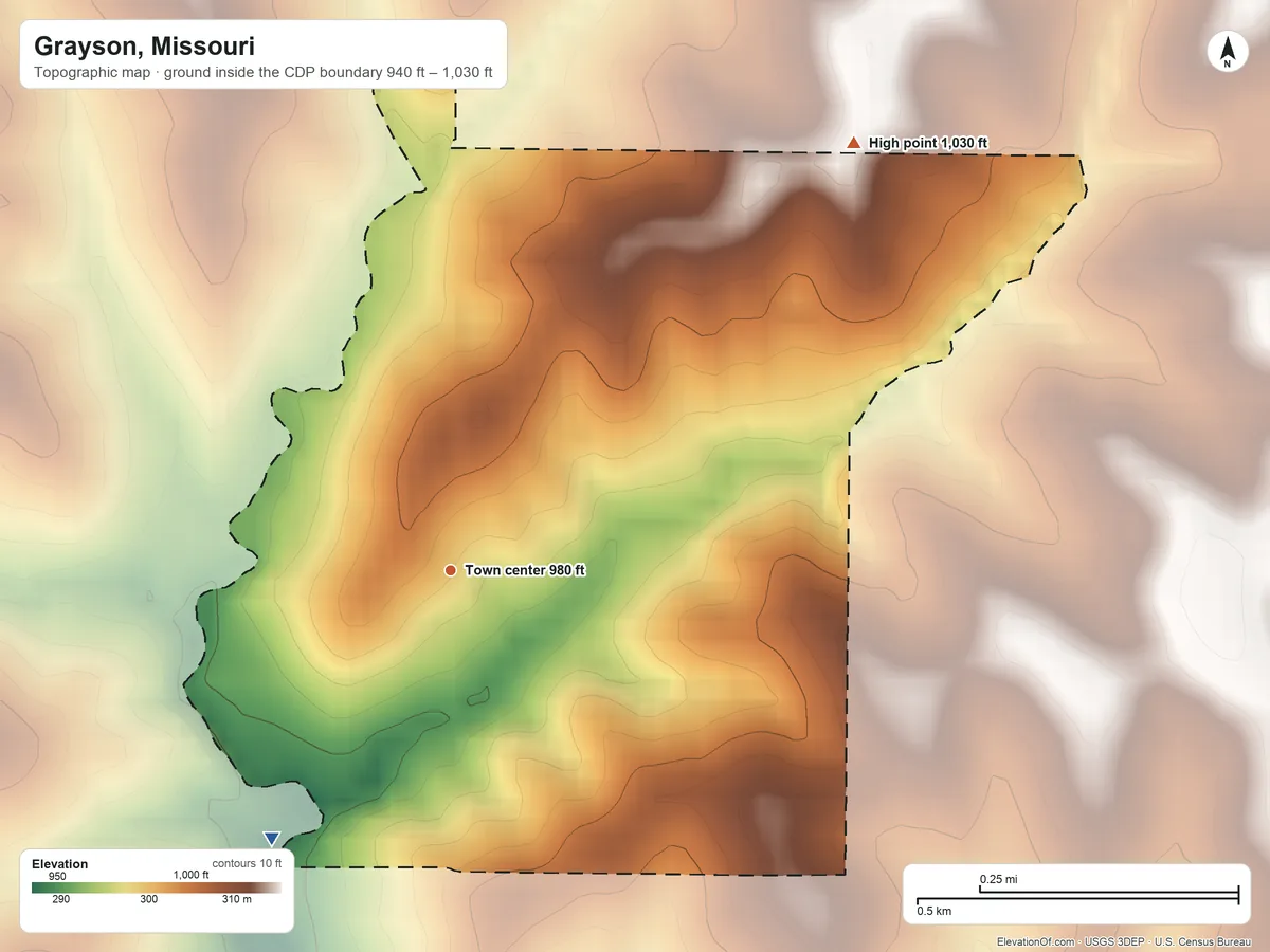 Topographic elevation map of Grayson, Missouri, shaded from 940 ft on the southwest side to 1,030 ft on the northeast side